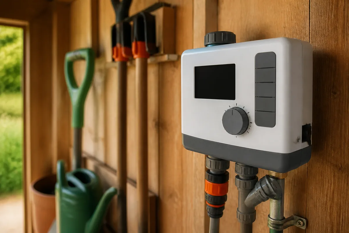 Programmateur d&rsquo;arrosage fixé au mur d&rsquo;un abri de jardin avec tuyaux raccordés