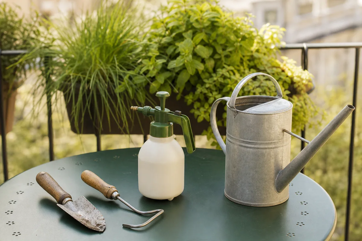 Kit de petits outils de jardinage posés sur une table de balcon avec jardinières