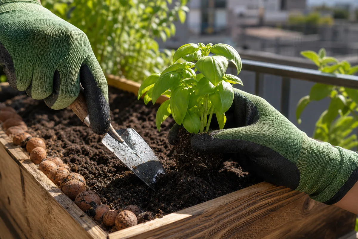 Main gantée plantant un plant de basilic dans une jardinière en bois sur un balcon urbain