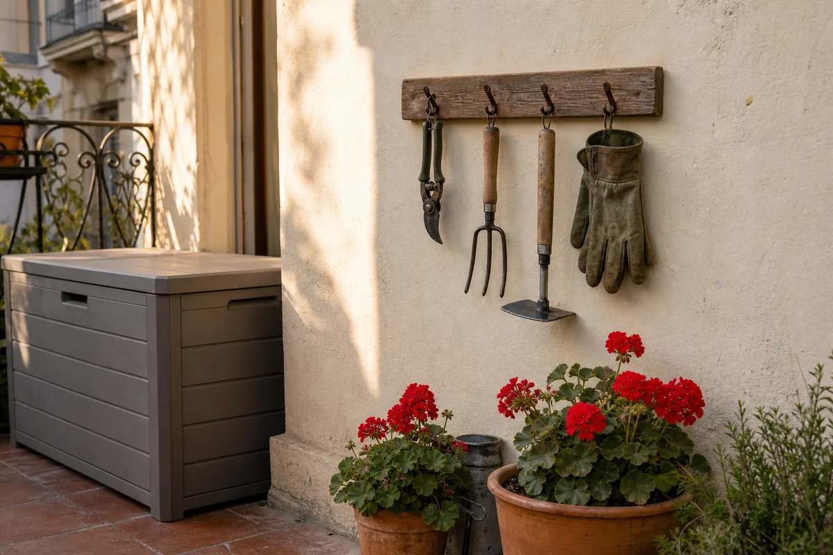 Outils de jardinage suspendus à une barre murale en bois sur un balcon fleuri