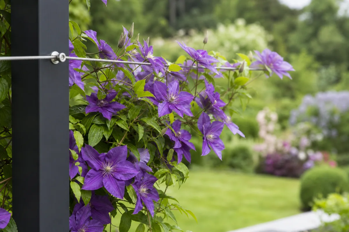 Clématite palissée sur le poteau d’une pergola en aluminium