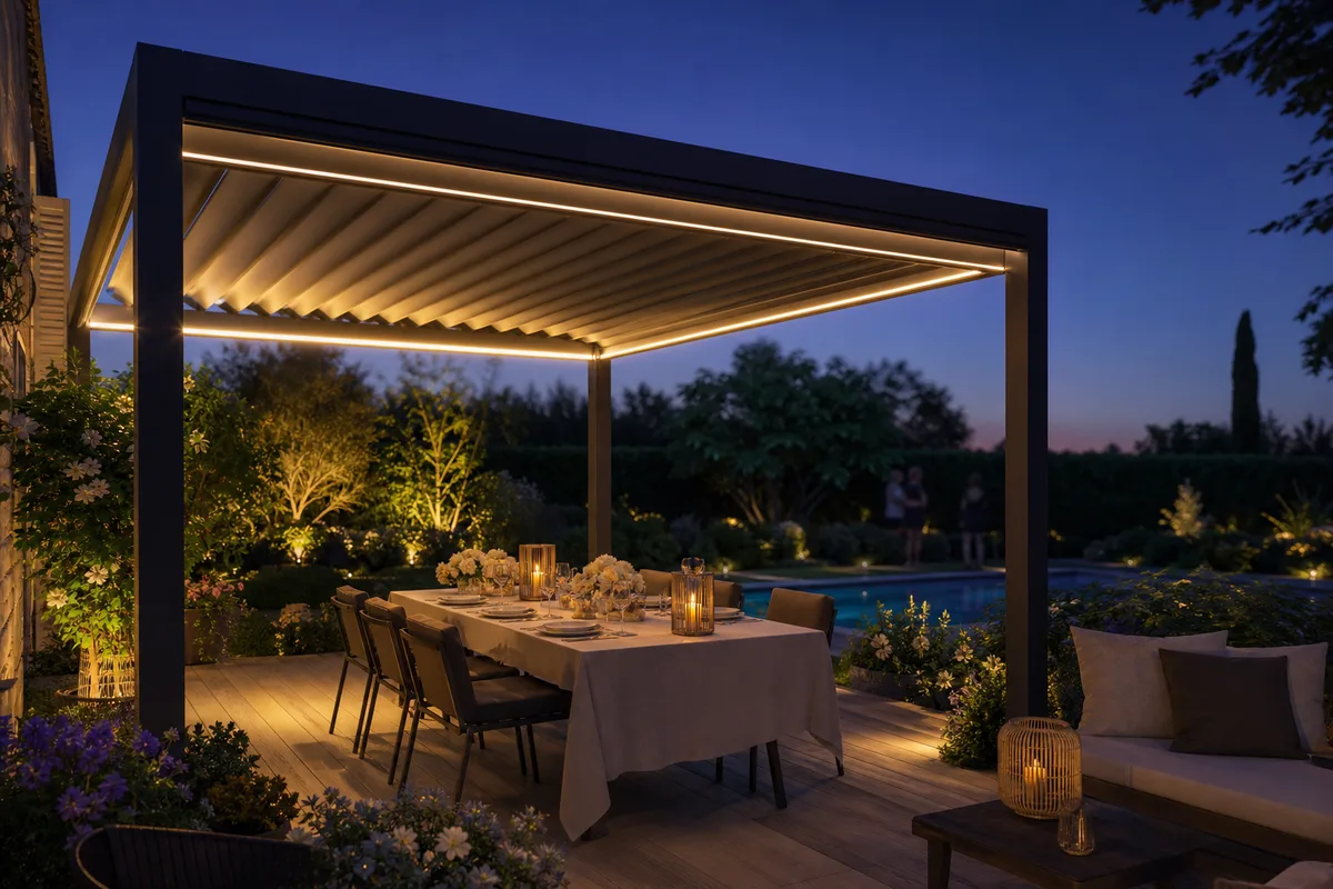 Soirée d’été sous une pergola bioclimatique éclairée en bord de jardin