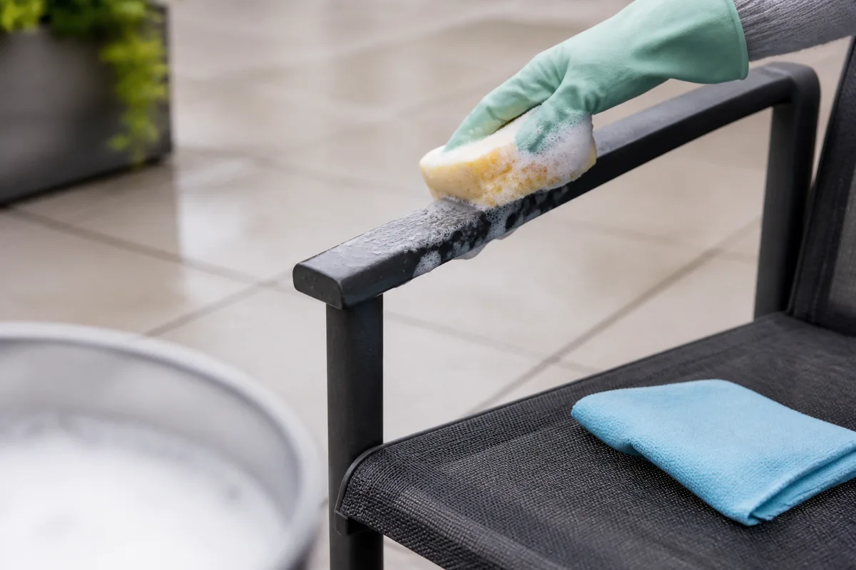 Nettoyage à l’éponge d’un accoudoir de fauteuil de jardin en aluminium, eau savonneuse et microfibre
