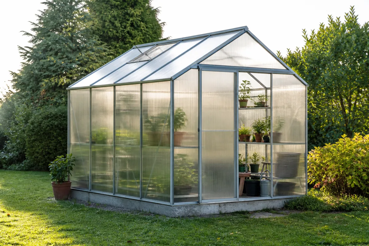 Serre de jardin en polycarbonate installée sur une base plane au fond d’un potager